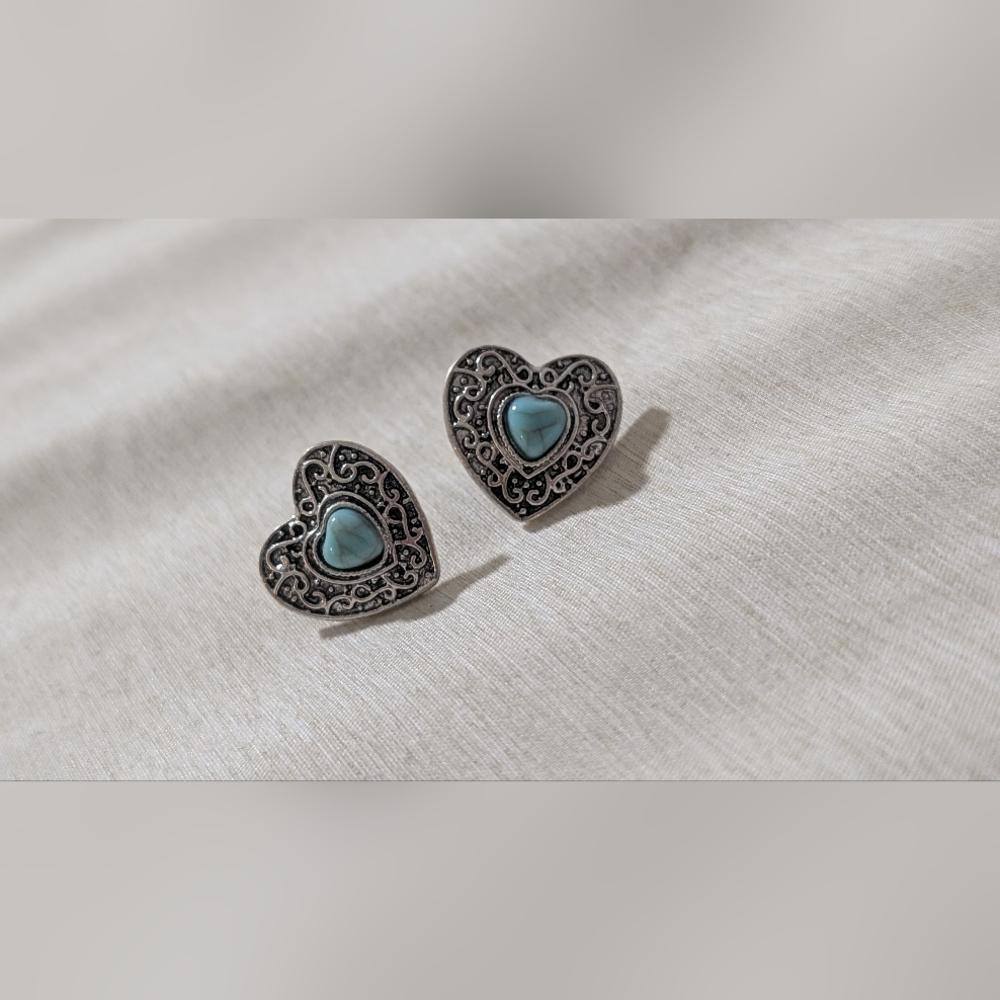 Western Faux Silver Heart Earrings with Turquoise Center